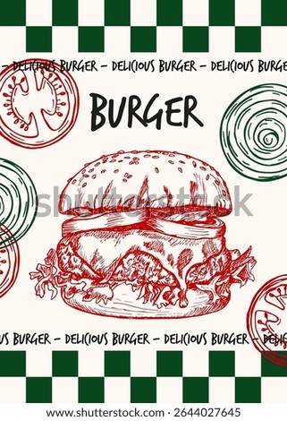 Burger poster design in retro style. Outline sketch illustration with typography text. Hamburger, burger drawing, fast food hand-drawn vector clipart