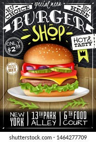 Burger poster. Fast food menu with a hamburger on and advertising slogans in the lettering form. Vector