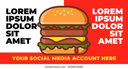 Burger poster fast food restaurant advertisement. Beefburger ad design template. Food graphic with delicious beef burger illustration.