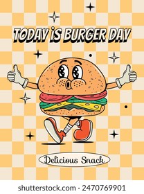 Burger poster in groovy style. Food and drinks. Fast food. Y2k elements and shapes. Vector. Isolated. Comic and character. Legs and hands.  Cartoon illustration. Walking. Retro sticker. Junk food.