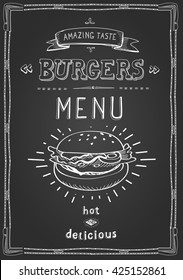 Burger Poster Menu Sketch Drawing On The Chalkboard.