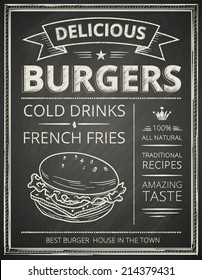 Burger poster stylized like sketch drawing on the chalkboard.Vector illustration. 