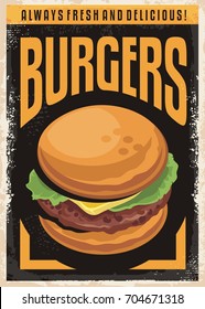 Burger Poster With Tasty Hamburger. Fast Food Restaurant Advertisement. Snack Bar Poster.