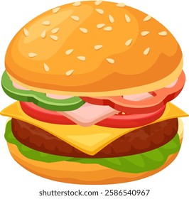 Burger presenting ingredients with sesame bun, meat, cheese, tomato, lettuce, ham and cucumber on white background, perfect for menus, websites or advertising related to food industry