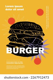 Burger. Preisschild oder Plakatdesign. Satz von Vektorgrafiken. Typografie. Gravur-Stil. Etiketten, Deckel, T-Shirt-Druck, Malerei.