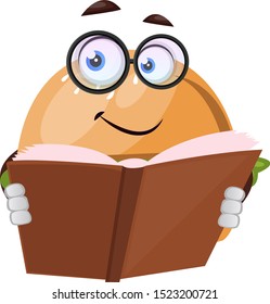 Burger reading book, illustration, vector on white background.