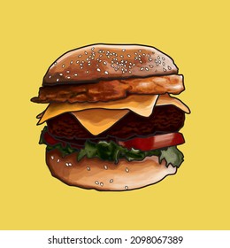 burger realistic painting illustration in watercolor style on yellow background