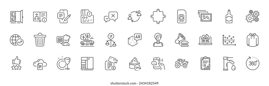Burger, Realtor and 360 degrees line icons. Pack of Hoody, Card, Checklist icon. Cupboard, Puzzle, Trash bin pictogram. Augmented reality, Businesswoman person, Discrimination. Line icons. Vector