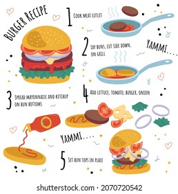 Burger Recipe Stages Vector Flat Cartoon Illustration