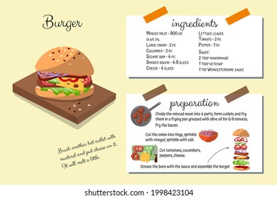 Receta de hamburguesa. Preparación paso a paso de la hamburguesa. Libro de cocina, instrucciones. Cocina casera. Ilustración de vectores de comida rápida