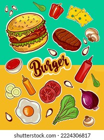 Burger recipe sticker set vector hand drawing. Ingredients for burger, cutlet stickers, cheese, egg, greens, tomato, sauce. Fast food stickers for printing, sketchbook