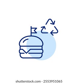 Burger and recycling arrows. Sustainable eco-friendly fast food restaurants. Pixel perfect, editable stroke icon