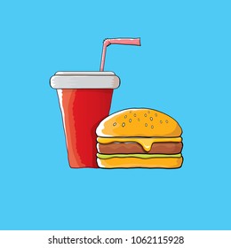burger and red cola paper cup with straw isolated on blue background. Vector graphic cartoon design elements for restaurant or cafe advertisement, menu, poster, flyer and banner