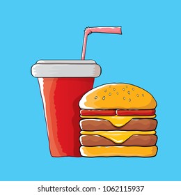 burger and red cola paper cup with straw isolated on blue background. Vector graphic cartoon design elements for restaurant or cafe advertisement, menu, poster, flyer and banner