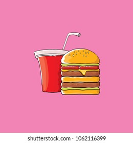 burger and red cola paper cup with straw isolated on pink background. Vector graphic cartoon design elements for restaurant or cafe advertisement, menu, poster, flyer and banner