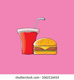burger and red cola paper cup with straw isolated on pink background. Vector graphic cartoon design elements for restaurant or cafe advertisement, menu, poster, flyer and banner