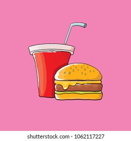 burger and red cola paper cup with straw isolated on pink background. Vector graphic cartoon design elements for restaurant or cafe advertisement, menu, poster, flyer and banner