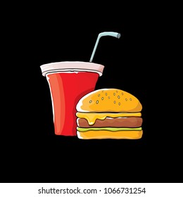 burger and red cola paper cup with straw isolated on black background. Vector graphic cartoon design elements for restaurant or cafe advertisement, menu, poster, flyer and banner