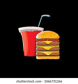 burger and red cola paper cup with straw isolated on black background. Vector graphic cartoon design elements for restaurant or cafe advertisement, menu, poster, flyer and banner