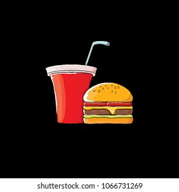 burger and red cola paper cup with straw isolated on black background. Vector graphic cartoon design elements for restaurant or cafe advertisement, menu, poster, flyer and banner