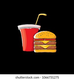 burger and red cola paper cup with straw isolated on black background. Vector graphic cartoon design elements for restaurant or cafe advertisement, menu, poster, flyer and banner