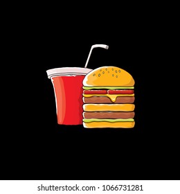 burger and red cola paper cup with straw isolated on black background. Vector graphic cartoon design elements for restaurant or cafe advertisement, menu, poster, flyer and banner