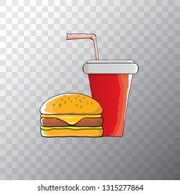 burger and red cola paper cup with straw isolated on transparent background. Vector graphic cartoon design elements for restaurant or cafe advertisement, menu, poster, flyer and banner