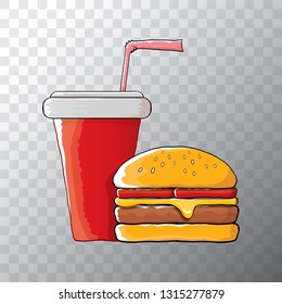 burger and red cola paper cup with straw isolated on transparent background. Vector graphic cartoon design elements for restaurant or cafe advertisement, menu, poster, flyer and banner
