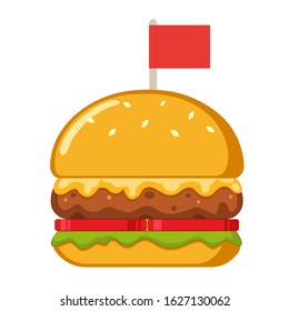 Burger with red flag, salad, meat, tomato and cheese. Fast food logo. Cafe and restaurant menu. Isolated vector illustration on white background.