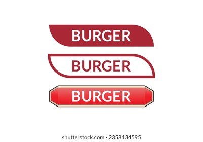 Burger red ribbon label banner set. Open available now sign or Burger tag.
