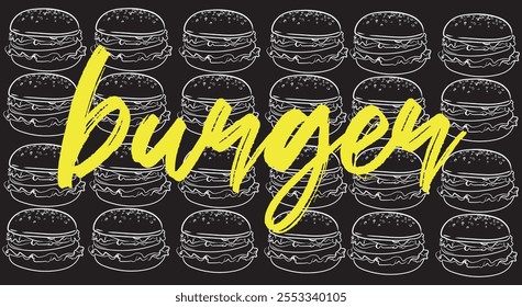 Burger Restaurant Banner with Patterned Background - Fast Food Promotion Design. Black and white style