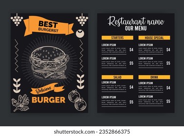 Burger Restaurant Menu Layout With Restaurant cafe menu template design on chalkboard background vector illustration