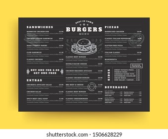 Burger restaurant menu layout design brochure or food flyer template vector illustration. Hamburger symbol with vintage typographic decoration elements and fast food graphics.