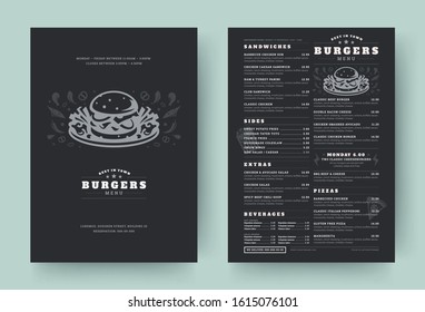 Burger restaurant menu layout design brochure or food flyer template vector illustration. Hamburger symbol with vintage typographic decoration elements and fast food graphics.