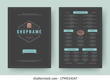 Burger restaurant menu layout design brochure or food flyer template vector illustration. Hamburger symbol with vintage typographic decoration elements and fast food graphics.