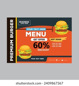 Burger restaurant menu layout design brochure or food flyer template vector illustration. Hamburger symbol with vintage vector typographic decoration elements and fast food graphics.