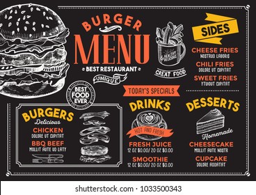 Burger restaurant menu. Vector food flyer for bar and cafe. Design template with vintage hand-drawn illustrations.