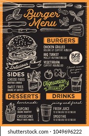 Burger restaurant menu. Vector food flyer for bar and cafe. Design template with vintage hand-drawn illustrations.