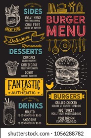 Burger restaurant menu. Vector food flyer for bar and cafe. Design template with vintage hand-drawn illustrations.