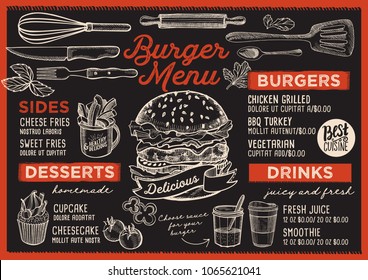 Burger restaurant menu. Vector food flyer for bar and cafe. Design template with vintage hand-drawn illustrations.