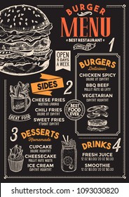 Burger restaurant menu. Vector food flyer for bar and cafe. Design template with vintage hand-drawn illustrations.