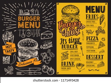 Burger restaurant menu vector food flyer for bar and cafe design template with vintage hand-drawn illustrations on chalkboard background