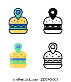 Burger, Restaurant, pointer and location icons. vector