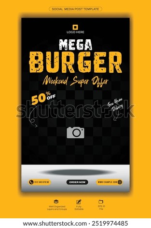 Burger Restaurant Promotion Banner with Mega Burger and 50% Discount Offer