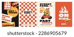 Burger retro cartoon fast food posters and cards. Comic character slogan quote and other elements for burger bar cafe restaurant. Menu, invitation, stories template. Groovy funky vector illustration.