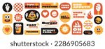 Burger retro cartoon fast food stickers. Comic character, slogan, quotes and other elements for burger bar, cafe, restaurant. Groovy funky vector illustration in trendy retro cartoon style.