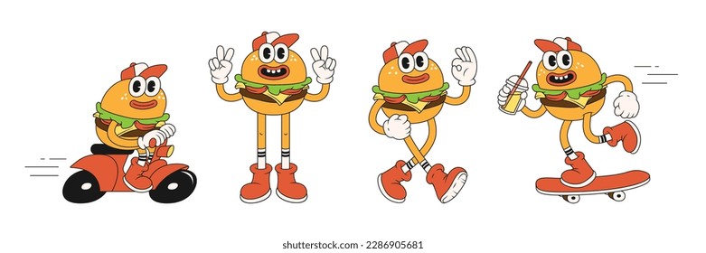 Burger retro cartoon fast food stickers. Comic character with happy smile face and other elements for burger bar, cafe, restaurant. Groovy funky vector illustration in trendy retro cartoon style.