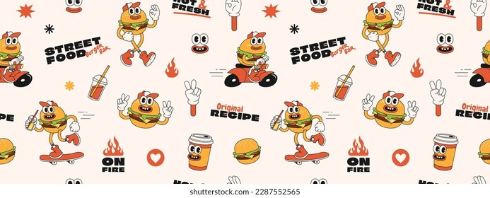 Burger retro dibujos animados de comida rápida patrón sin fisuras. Carácter cómico, eslogan, citas y otros elementos para el bar de hamburguesas, cafetería, restaurante. Groovy funky ilustración vectorial de moda y fondo.