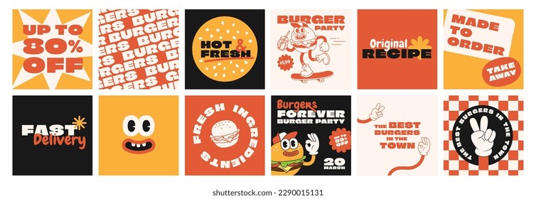 Burger retro cartoon fast food posters and cards. Comic character slogan quote and other elements for burger bar restaurant. Social media templates stories posts. Groovy funky vector illustration.