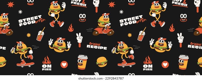 Burger retro cartoon fast food seamless pattern. Comic character, slogan, quotes and other elements for burger bar, cafe, restaurant. Groovy funky trendy vector illustration and background.